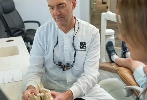 Dr. Montgomery holding a model of the teeth while talking with a patient.